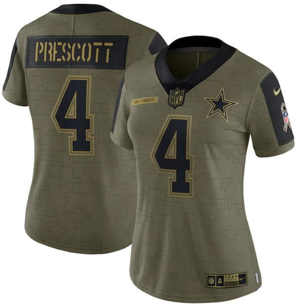 Women's Dallas Cowboys #4 Dak Prescott 2021 Olive Salute To Service Limited Stitched Jersey（Run Small）